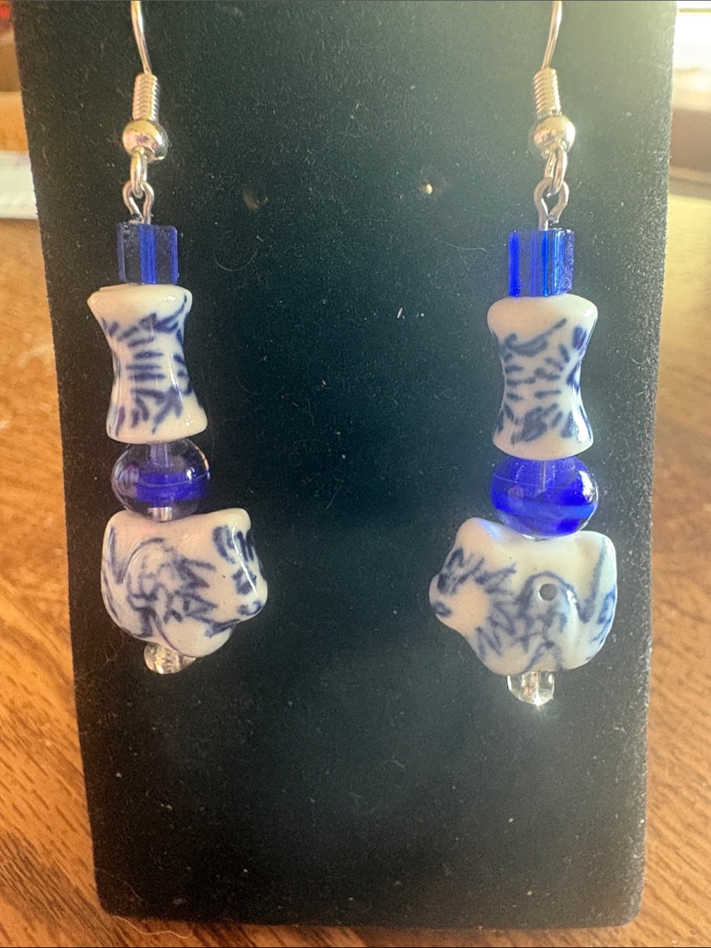 Hand Crafted Blue & White Porcelain-Dragon Bead Dangle Earrings Glass Accents